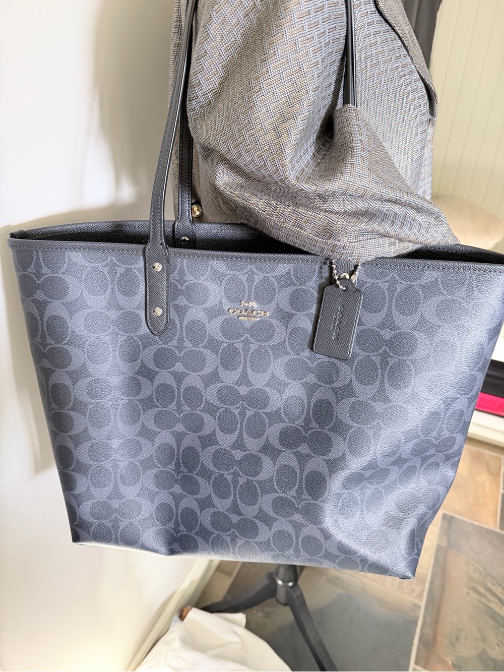 COACH Blue Signature Canvas Tote with Leather Trim
